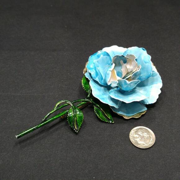Vintage Enamel Large Flower Brooch, Turquoise Blue Green Gold, 1960s,  5" - Picture 6 of 10